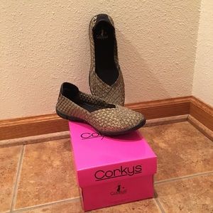 Corky’s Sidewalk brand flats, bronze woven size 9